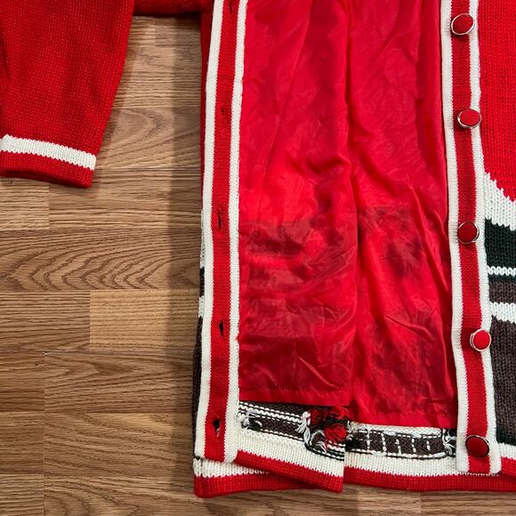 Vintage 80s Red Wool Coatigan Holiday Cabin Knit Sweater Jacket Xmas Cottagecore - Picture 7 of 10